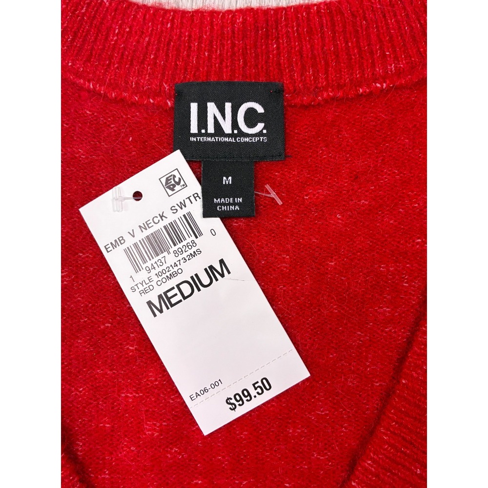 INC International Concepts Red Embellished V-Neck Wool Alpaca Sweater Medium NEW - Picture 3 of 5